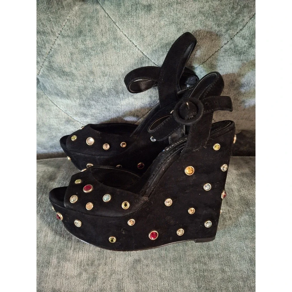 Alice + Olivia Black Suede Leather Platform Wedge Sandals Jewel Embellished 37.5